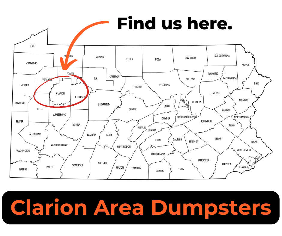 A map of Pennsylvania showing the service area for Clarion counties best dumpster rental company.